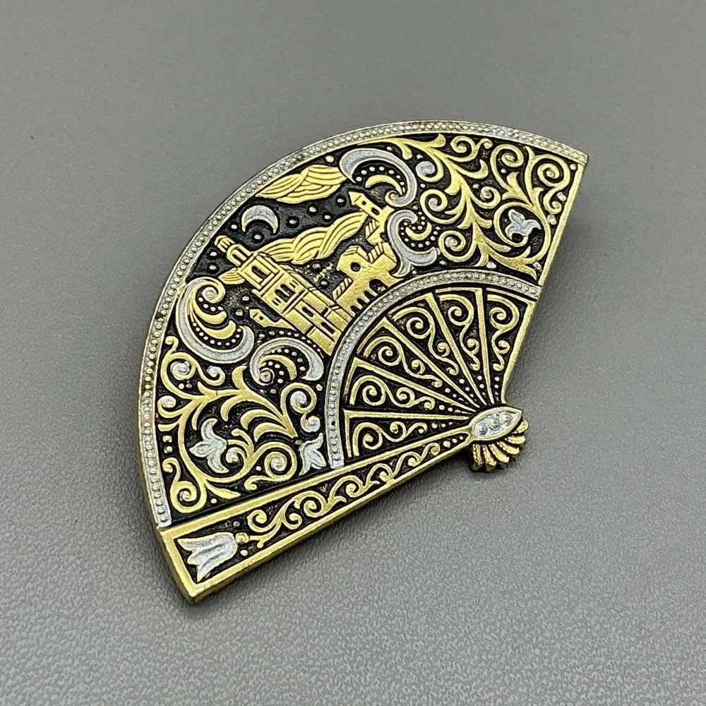 Gold Tone Fan Brooch Pin Damascene Cityscape Black Enamel Costume Jewelry 2